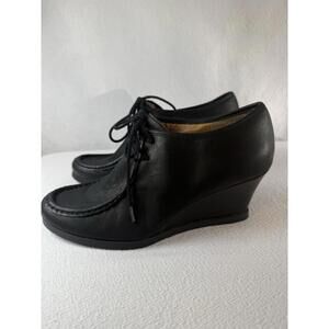 LAUREN RALPH LAUREN DENVER BLACK LEATHER LACE UP WEDGE HEEL WOMEN SIZE 8.5